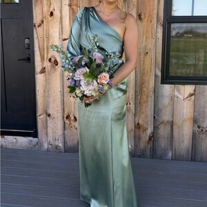 Green Asymmetrical Puff Sleeve Aurora Satin Dress